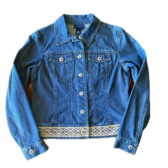Ann Taylor denim jacket crochet embroidered hem petite small - Picture 5 of 16
